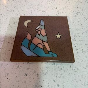Brown Tile Trivet with Wolf howling at the Moon Design